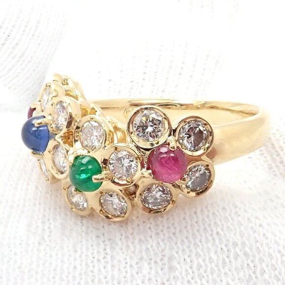 Rare! Authentic Christian Dior 18k Yellow Gold Ruby Emerald Diamond Flower Ring - Picture 9 of 12